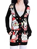 v28 Ugly Christmas sweater, Women Girls ladies Happy Fun Knit Sweater Cardigan (Large, Happy Cardigan Black)