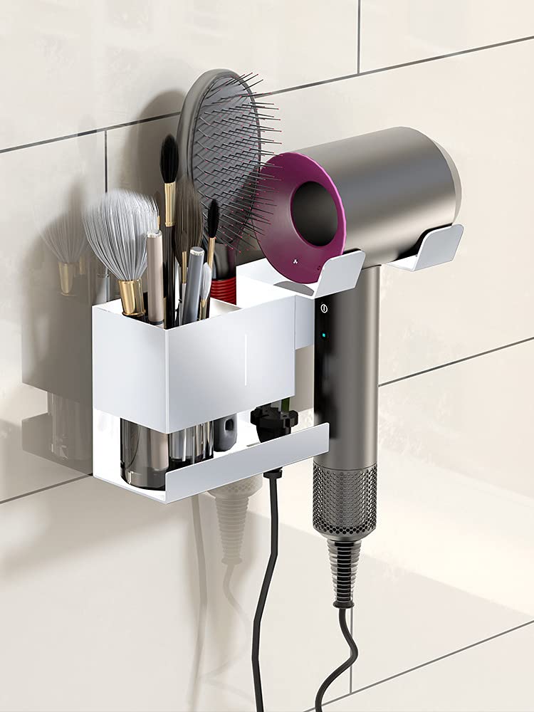 Hosoncovy Metal Hair Dryer Wall Mount Holder Hair Dryer Wall Hanger Toiletries Wall Storage Organizer Electric Shaver Wall Mount for Dyson Supersonic Hair Dryer ,Universal for Hair Dryer (White)