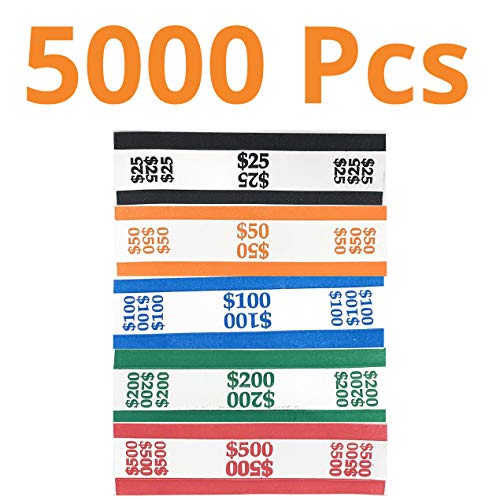 Money Bands Currency Sleeves Straps - Made in USA (Pack of 5000) Self-Adhesive Assorted Money Wrappers for Bills Color Coded Wraps Meets ABA Standards, 7.5 x 1.25 inches - Counter Recyclable Kraft Pap