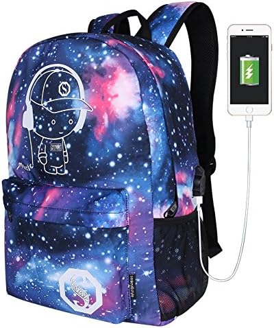 Fashion Night Lights Backpack with USB Interface Luminous Nylon Shoulder Bag Laptop Schoolbag Nightlight Unisex School Bag Travel Backpack (Starry Blue) (USB Star Blue Music Kid)
