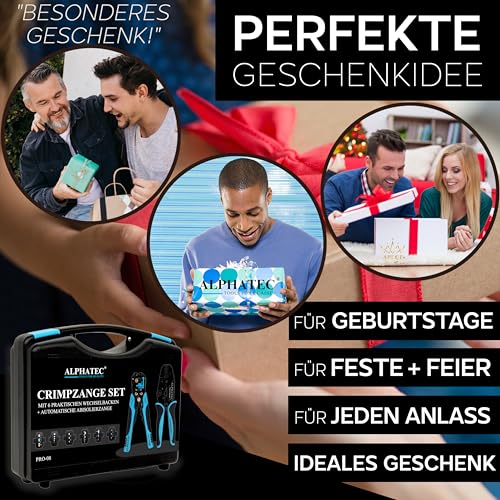 ALPHATEC® Crimpzange Set mit Wechselbacken inkl. automatische Abisolierzange - [0,25-10mm²] - Crimpzange Kabelschuhe, Aderendhülsenzange, Flachstecker, MC4 Zange PV Solar - Krimpzangenset 8-teilig 10