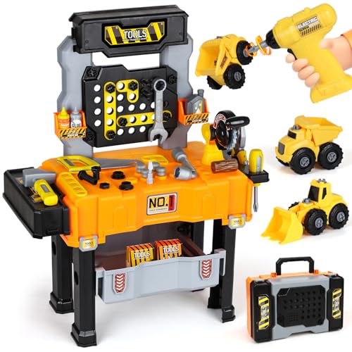 Lehoo Castle Kids Workbench, Tool Kit with Drill and Removable Construction Vehicle, 2in1 Toolbox and Tool Bench, STEM Educational Toys for 2-3 Years Old Kids