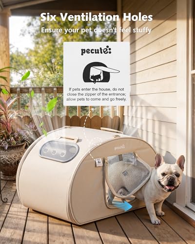 Pecute Casa Refrigerante para Gatos y Perros Pequeños, Caseta Fresca con 6 Cajas de Gel Reutilizables, Alfombrilla Refrigerante, Ventana Transparente Plegable, Tamaño L <8kg para Interior, Beige.