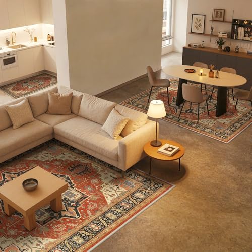 BEIMO Reversible Short Pile Living Room Rug, Vintage Non-Slip and Washable Rugs, Large Carpet for Living Room, Bedroom, Dining Room, Terracotta Red and Black, 80 x 150 cm
