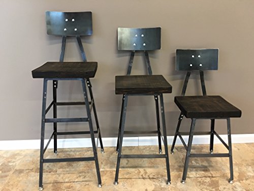 Set of Four Reclaimed Wood Stools | Salvaged Barn Wood | Steel Backrest | FREE SHIPPING