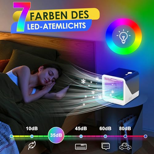 Portable Air Conditioner, 3 in 1 Tubeless Air Cooler, USB Quiet Fan with Water 500ml, 3 Speeds, 7 Colors Light, Small Evaporative Air Conditioner for Bedroom and Office