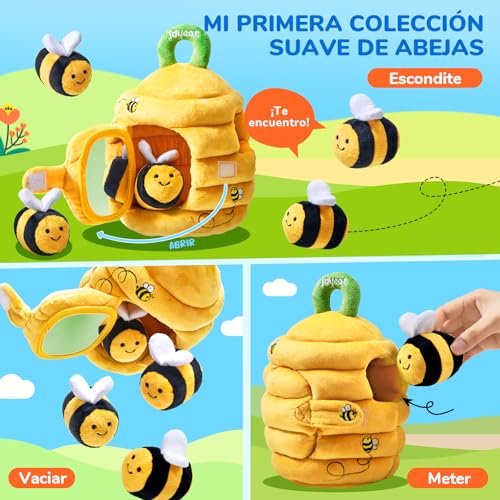 JoyCat Juguetes Bebes 6-12 Meses - Juguetes de Peluche de Abeja con Colmena, Sonajeros, Arrugas, Espejo - Juguetes Sensoriales Montessori para Bebes, Regalo Bebe 1 año