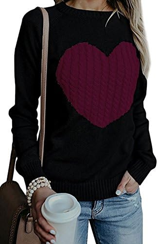 Womens Casual Cable Knitted Crewneck Heart Love Oversized Pullover Sweater