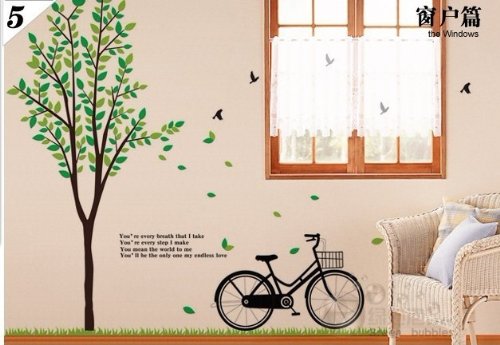 Reusable/removable Decoration Wall Sticker Decal -Huge Tree with Poem, Birds & Bicycle Doubleside 80"H78"W