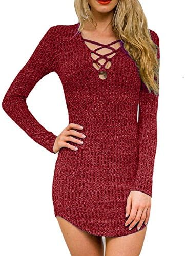 DREAGAL Women's Plunge Neck Lattice Lace Up Long Sleeve Bodycon Mini Dress