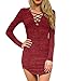 DREAGAL Women's Long Sleeve Low Cut Sweaters Bodycon Short Tight Dress,Wine Red,S