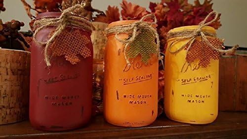 Rustic Red, Pumpkin Orange and Saffron Yellow Painted and Distressed Halloween and Fall Mason Jars - Quart Mason Jars