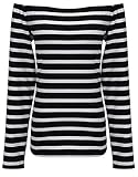 Women's Off Shoulder Belled Long Sleeves Striped Shirts Casual Juniors Top (Label XL, Black and White)