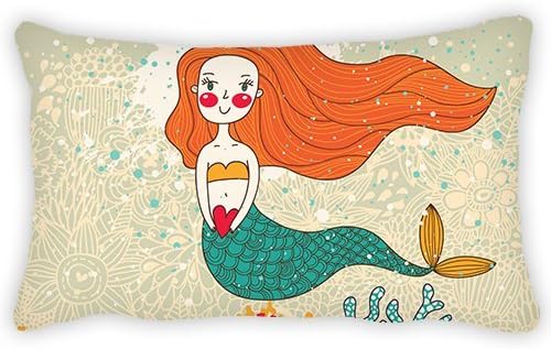 Polyester Pillow Cover Cartoon Mermaid Orange Hair Bolster Throw Pillow Case Cushion Cover for Kids Bedroom Couch Sofa Home Decorative 12x24 Inches