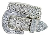 Western Cowgirl Bling Belt with Rhinestone Buckle Set and Studded Strap (40, White)