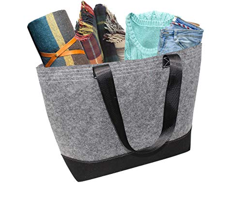 Earthwise Reusable Shopping Bag Fashionable and Spacious Grocery Tote in Two Tone Felt Multi Purpose for Work//School/Beach/Pool/Travel 13.5 H inches x 20 W inches x 5.5 inch Gusset