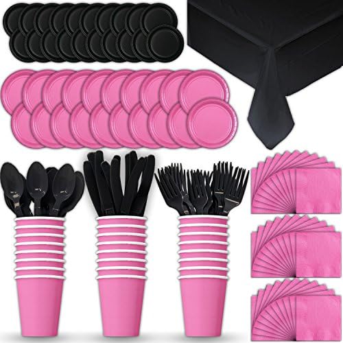 Paper Tableware Set for 24 - Hot Pink & Black - Dinner and Dessert Plates, Cups, Napkins, Cutlery (Spoons, Forks, Knives), and Tablecloths - Full Two-Tone Party Supplies Pack