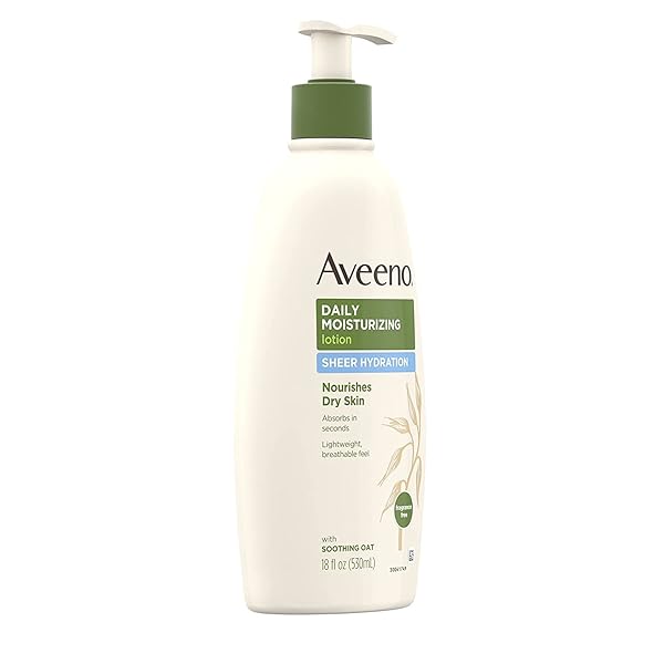 AVEENO ACTIVE NATURALS – DAILY MOISTURIZING LOTION – SHEER HYDRATION – FRAGRANCE FREE – NET WT. 18 FL OZ (530 ML) PER BOTTLE –