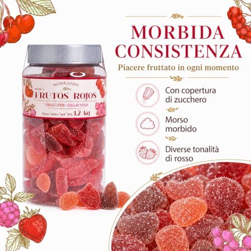 Wonkandy Caramelle Gommose Frutti Rossi 1,2 kg – Fragola, Ciliegia, Uva – Caramelle Morbide Zuccherate – Senza Glutine e Lattosio – Ideali per Feste e Candy Bar