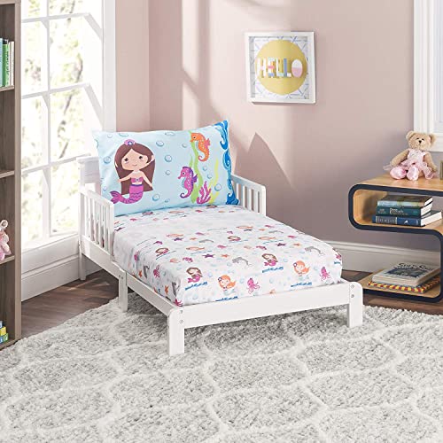 EVERYDAY KIDS 3-Piece Toddler Fitted Sheet, Flat Sheet and Pillowcase Set - Mermaids Undersea Adventures - Soft Breathable Microfiber Girls Toddler Bed Sheets Set