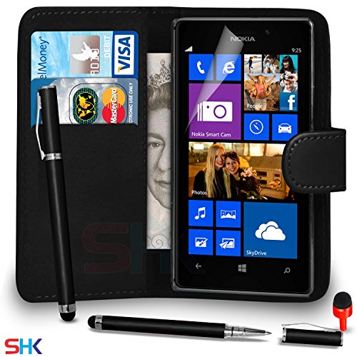 Nokia Lumia 925 Premium Leather Black Wallet Flip Case Cover Pouch + 2 IN 1 Ball Pen Touch Stylus Pen + Screen Protector & Polishing Cloth SVL6 BY SHUKAN®, (WALLET BLACK)