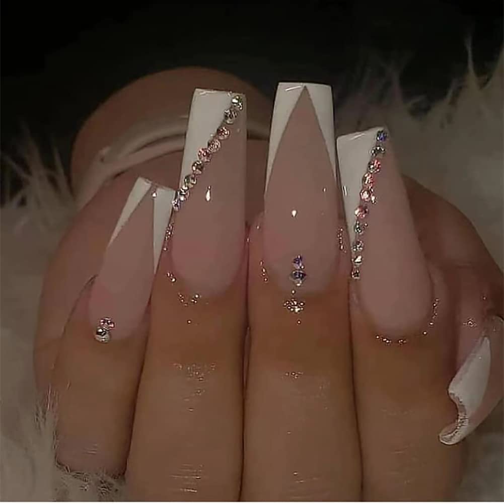 Carufin 24 PCS Long Coffin Fake Nail Glossy Acrylic False Nails Artificial Crystal Press on Nails Ballet Nails for Women Girls (Pink 1)