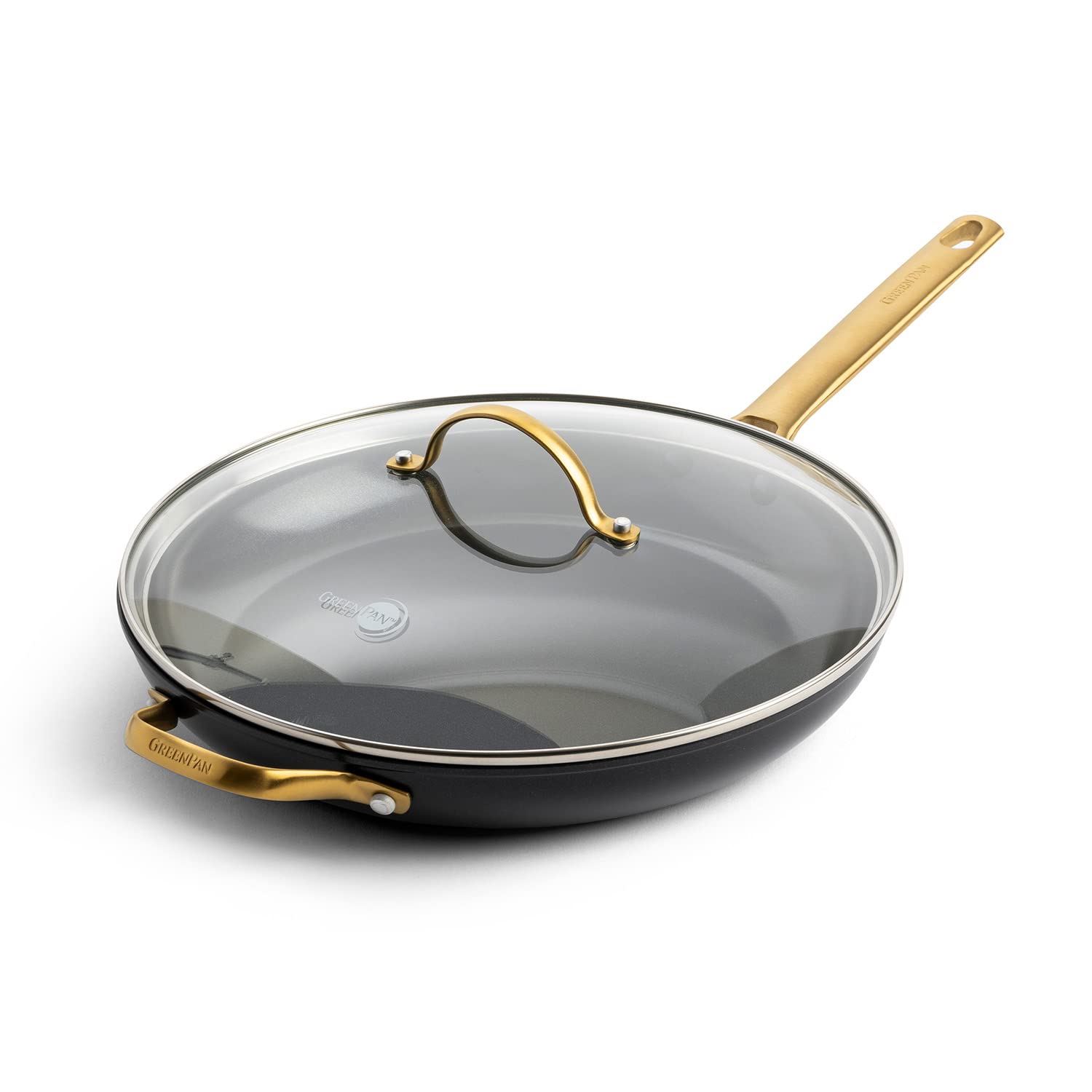 GreenPan Reserve Hard Anodized Healthy Ceramic Nonstick 12″ Frying Pan Skillet with Helper Handle and Lid, Gold Handle, PFAS-Free, Dishwasher Safe, Oven Safe, Black