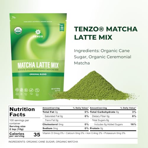 Tenzo Matcha Green Tea Powder, Organic Cafe Sweetened Matcha Latte Green Tea Powder, Ceremonial Barista Crafted Mix - Authentically Japanese - Matcha Latte Mix (35.27 Ounce)
