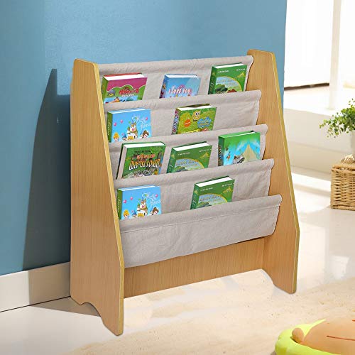 Children Bookshelf, Book Rack Storage Wooden 4 Layer Fabric Sling Bookshelf Toy Display for Kids (Yellow)