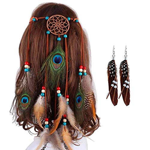 Indian Hippie Boho Peacock Headband Feather Earrings Dreamcatcher Headdress & Bohemian Earrings Fascianator for Women Girls Bridal Festival Masquerades Vocation Theme Party - Thumbnail 5