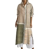TIAFORD Women's 2025 Fall Geometric Pattern Print Lapel Button Down Maxi Dress Plus Size Long Sleeve Side Slits Shirt Dresses