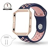 YOUKEX Fitbit Blaze Bands Silicone with Frame,Large Breathable Sport Replacement Strap with Rose Gold Metal Case for Smart Fitness Watch Women Men (Blue/Pink,Large Size)