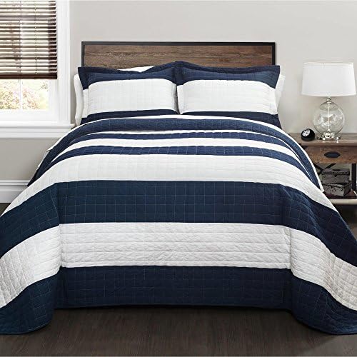 3 Piece Beatuiful Navy White Full Queen Quilt Set, Modern Casual Soft Bedding, Nautical Beach Themed Blue Horizontal Rugby Striped Pattern, Cotton Polyester