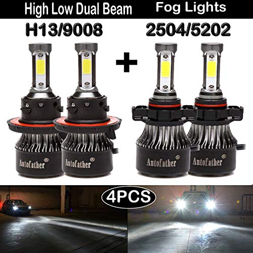 H13/9008 and 2504/5202 LED Headlights Bulbs High Low Dual Beam Fog Lights Lighting Accessories Conversion Kit,7200lms For 2007-2018 Jeep Wrangler,6000K Pure White 2Pairs