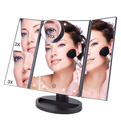 Makeup Vanity Cosmetic Mirror 21 LED Lights, LED Lighted Table Makeup Mirror Touch Screen, Portable Travel Cosmetic Mirror 3X/2X Magnification Detachable (Black)