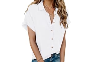 HOTOUCH Linen Cotton Womens Short Sleeve Shirts V Neck Collared Button Down Blouse Tops with Chest Pocket