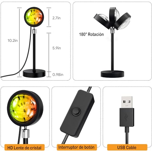 Miortior Lampara Sunset, Lampara Atardecer de Proyección de 16 Colores, 4 Modos, Rotación de 180° y Control Remoto, Luz de la Atmósfera del Sunset para Selfies, Fotografía, Decoración, Dormitorio