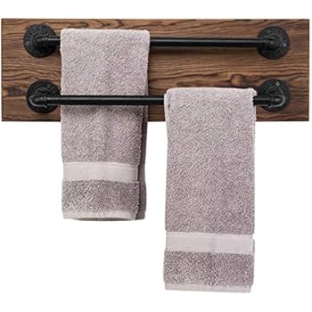 MyGift Rustic Wood & Industrial Metal Pipe Wall-Mounted Double Towel Bar