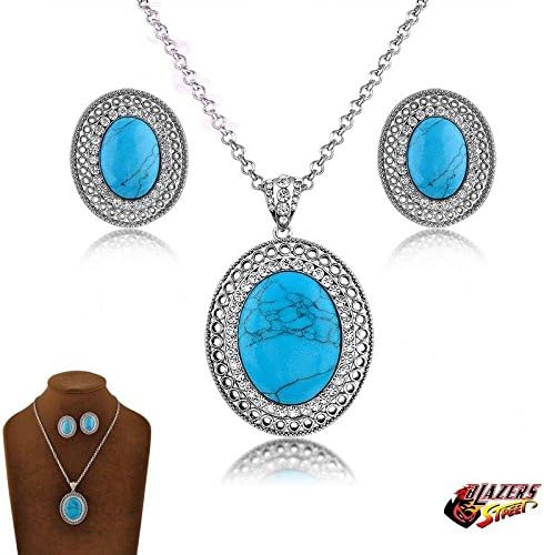 Blazers Jewelry 1985 - Set of Blue Vintage Bridesmaid Eternity Love - Round Pendant Cubic Zirconia Necklace and Earrings 18k White Gold Plated Alloy Wedding Party Costume in Blazers Street Style