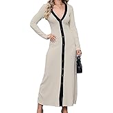 Women's Long Sleeve Ribbed Knit Bodycon Sweater V-Neck Button Down Color Blocked Casual Midi Party Dress