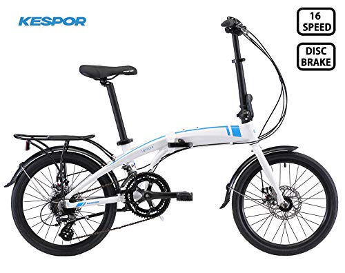 KESPOR Venture Folding Bike Commuter, Rear Rack, Folding 16 Speed Bike City Aluminum, Disc Brake, 20-Inch Wheels (White)