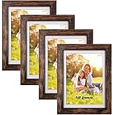 SESEAT 5x7 Picture Frames Wood Brown 4 Packs for Tabletop Display Wall Mount, Display Pictures 5x7 with Mat or 6x8 Without Mat