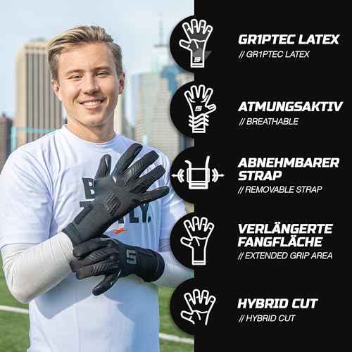 GRIPMODE Blackout Hybrid All Weather Griptec® Latex Coated Goalkeeper Gloves Football Goalkeeper Gloves for Kids, Youth and Adults, Size 7-11