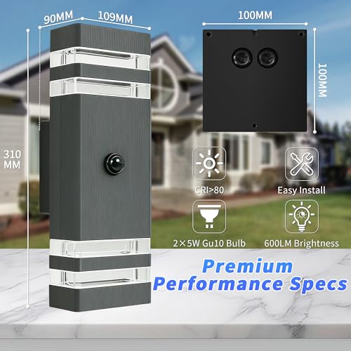 YOVGQOLV PIR Motion Sensor Lights Outdoor Up Down Front Door Light GU10 | Square Exterior Sconce Mains Powered with 2×5W 3000K GU10 Bulbs,IP54 Waterproof Outside Lights Porch,Anthracite Grey 1 Pack