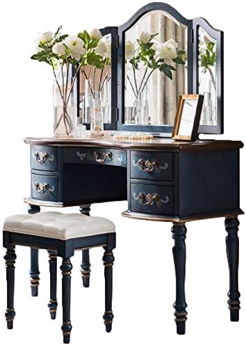 ドレッシングテーブル 新しい中国風の塗装卓 アメリカのレトロな多機能化粧台 鏡 ソリッドウッドジュエリードレッシングテーブル Sea 1118mm 激安通販販売 Deep 3色 Blue