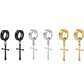 3 Pairs Non-pierced Clip On Cross Dangle Hoop Earrings Set Stainless Steel Ear Jewelry for Men Women