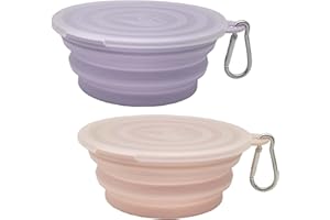 YLAPTEW Small Collapsible Dog Bowl 12oz,2 Pack Portable and Foldable Pet Travel Bowls with 2 Carabiners & Lids for Dogs Cats and Small Animals (Macaron Purple+Pink, 350ml)