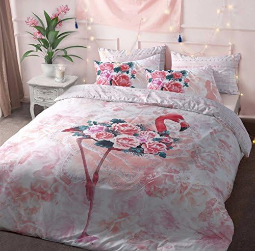 Amber Linen Flamingo Floral Pink Bird Duvet Cover Quilt Bedding Set Pillowcases (King)