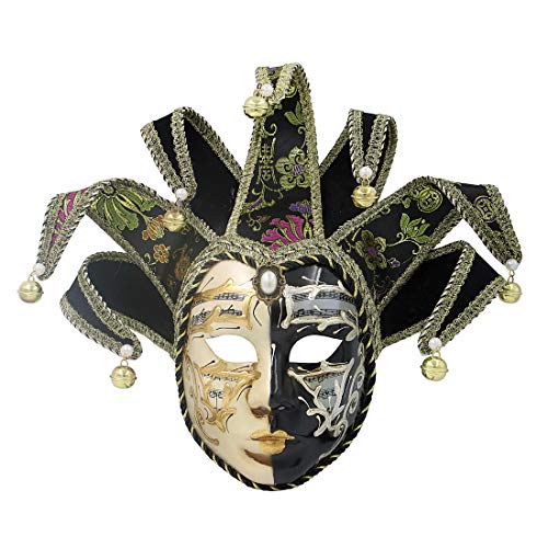 Hophen Black Volto Resin Music Venetian Jester Mask Full Face Masquerade Bell Joker Wall Decorative Art Collection