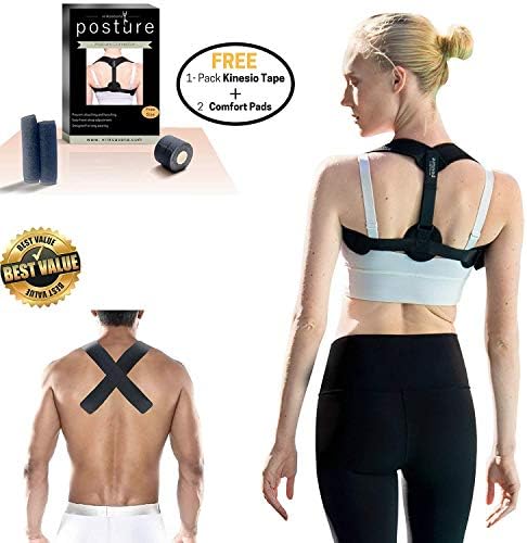 Vriksasana Back Posture Corrector and Shoulder Support for Women & Men & Teen to Prevent Slouching and Relieve Back & Neck Pain | Bonus 2" Kinesiology Tape and Underarm Pads | Comfortable & Discreet